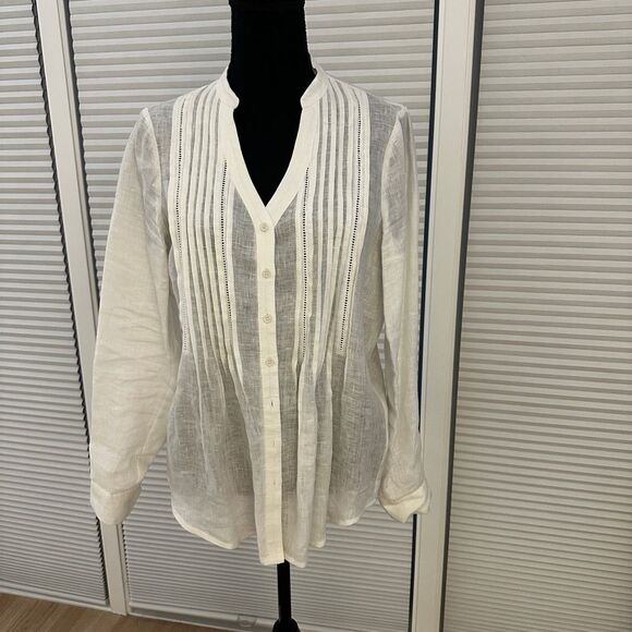 Two by Vince Camuto White Linen Pintuck Blouse - Size Small - Picture 1 of 5